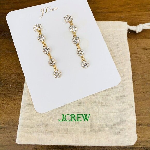 💜 J. Crew Crystal Flower Linear Statement Earrings Gold Tone NWT - Picture 3 of 4